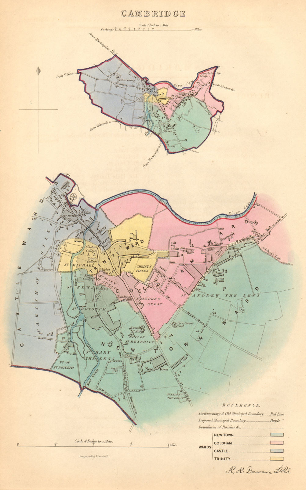 CAMBRIDGE borough/town/city plan. BOUNDARY COMMISSION. DAWSON 1837 old map